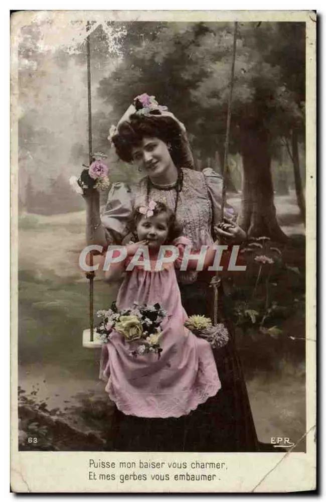 Frau und Kind auf einer Schaukel — Garten-Szene — E.P.R. n° 63 - Vorderseite