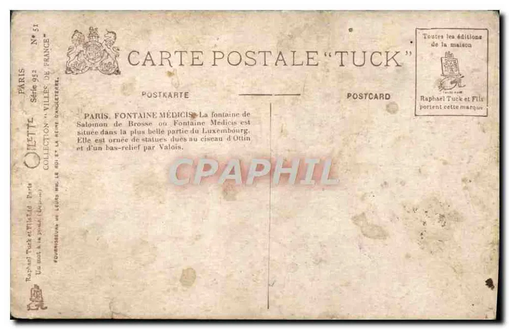 Paris, Luxembourg - Fontaine Médicis — éditeur Cilette, n° 51 - Rückseite