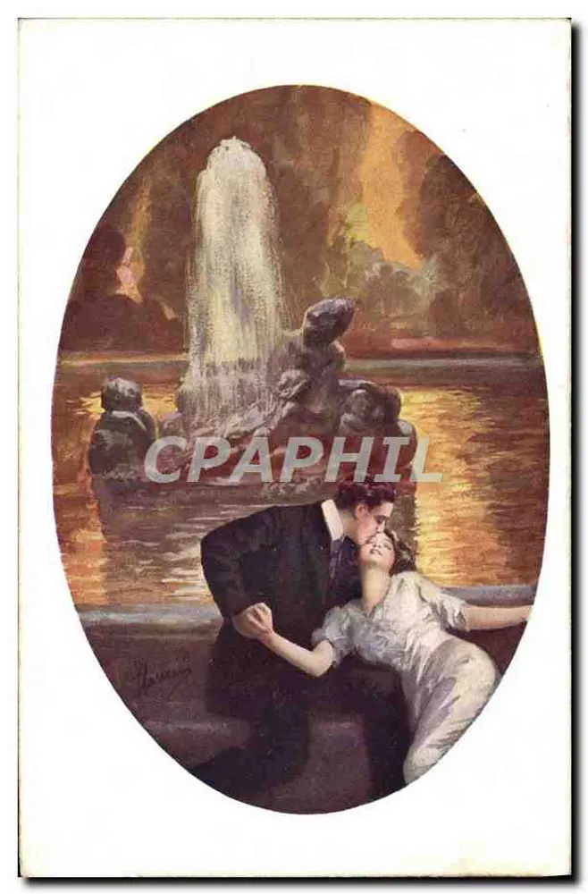 Liebendes Paar vor einer Fontäne — Illustration von H. Hamy — anonymer Verlag - Vorderseite