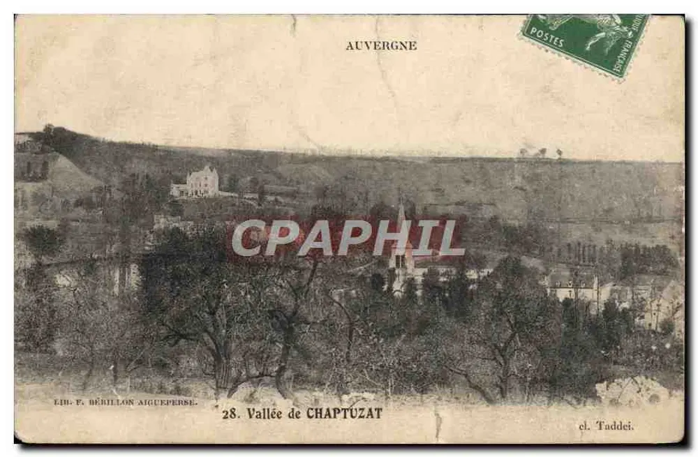 Vallée de Chaptuzat — vue panoramique avec édifice et église — Lib. F. Béhillon Aigueperse, n°28 - Frente