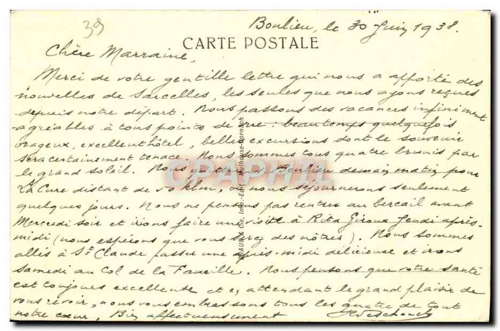 Bonlieu — A Virgem — estátua da Virgem sobre um vilarejo em planície - Verso
