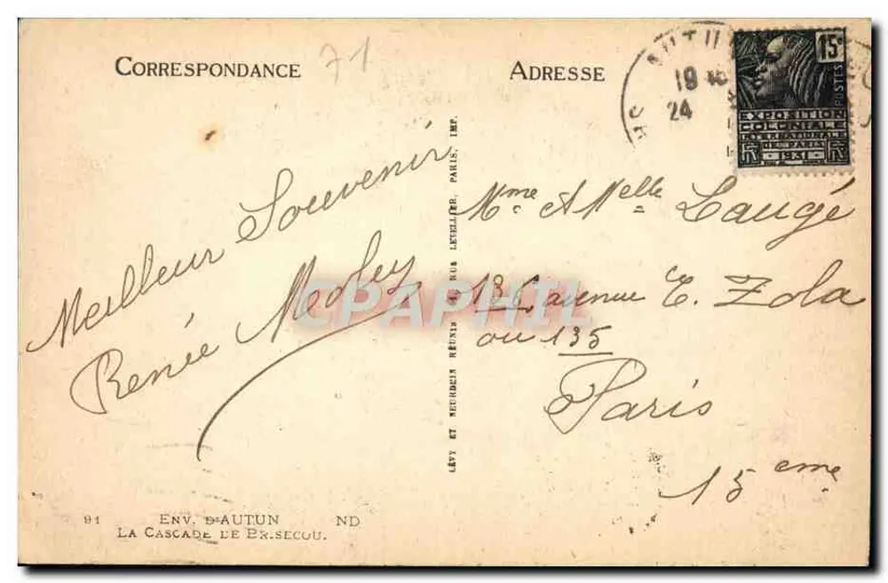 A Cascata de Bréau — Env. de Autun — Editor Lévy et Neurouz, N.D. - Verso