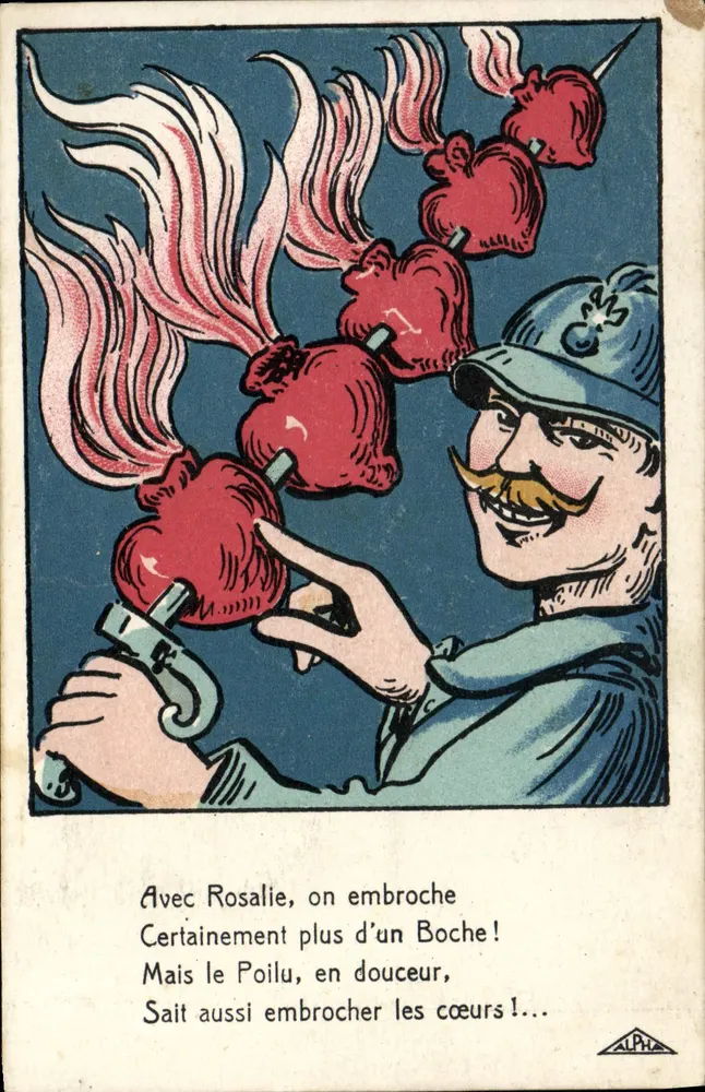 Soldat mit Artischockenherz — humoristische Karikatur — Verlag Alphée, Seriennummer nicht sichtbar - Vorderseite
