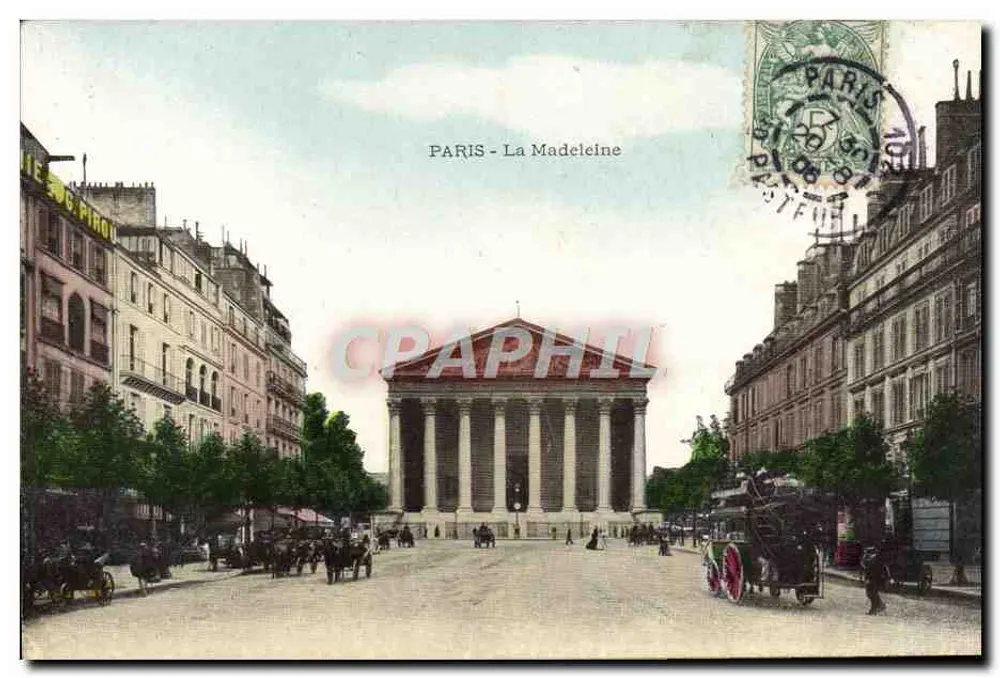 Paris - A Madeleine — vista da praça com carruagens a cavalo — editor L'Éditeur de Paris, n° 12345 - Frente