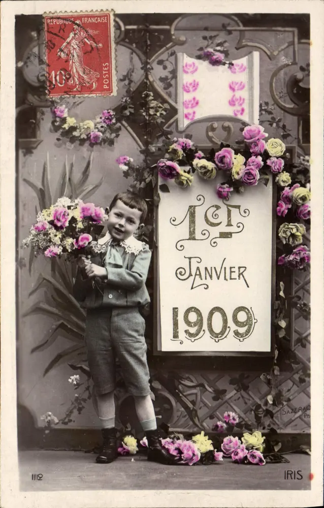 Kind mit Blumenstrauß — 1. Januar 1909 — Sazerac, Frankreich - Vorderseite
