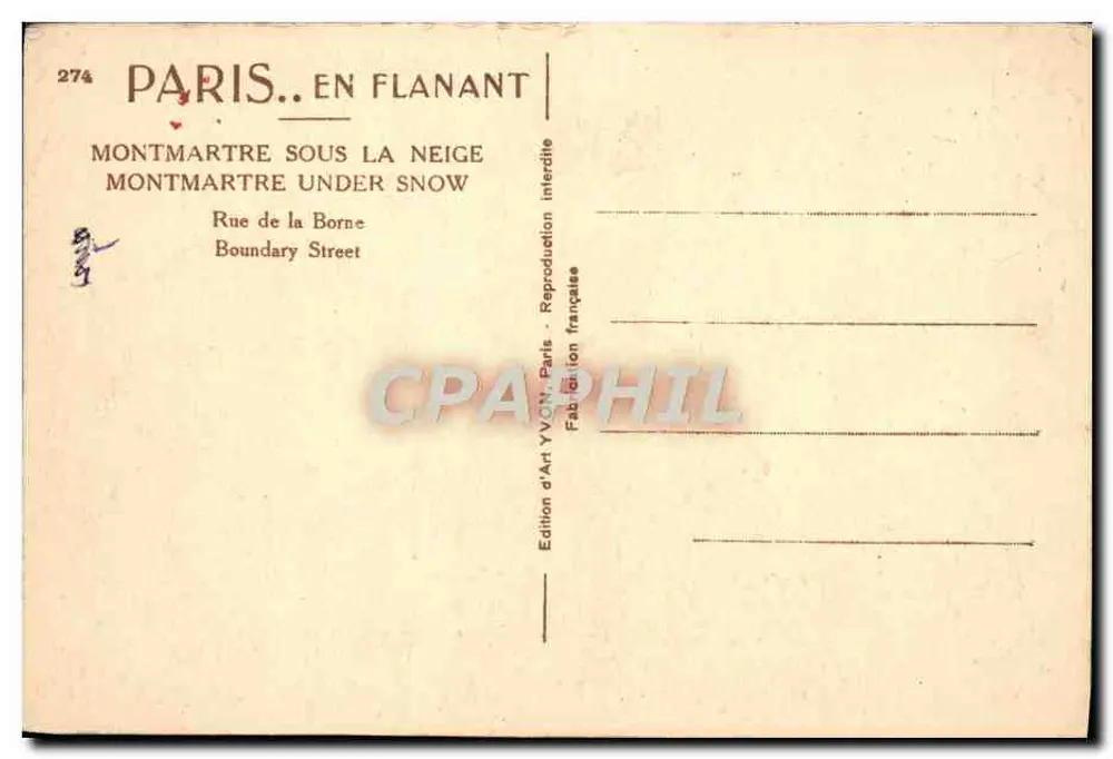 Montmartre unter Schnee — Paris — Edition d'Art YVON, n°274 - Rückseite