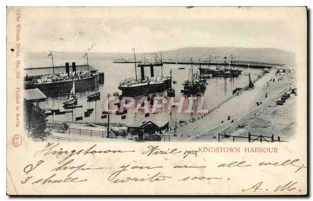 Kingstown Harbour — vue du port avec navires et quai — The Wrench Series, No. 103, imprimé à Berlin - Frente