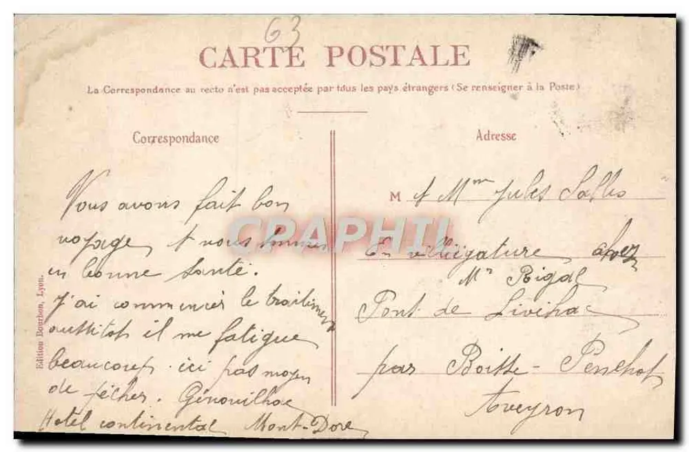 O Mont-Dore — O Casino — Edição Bordon, Lyon - Verso