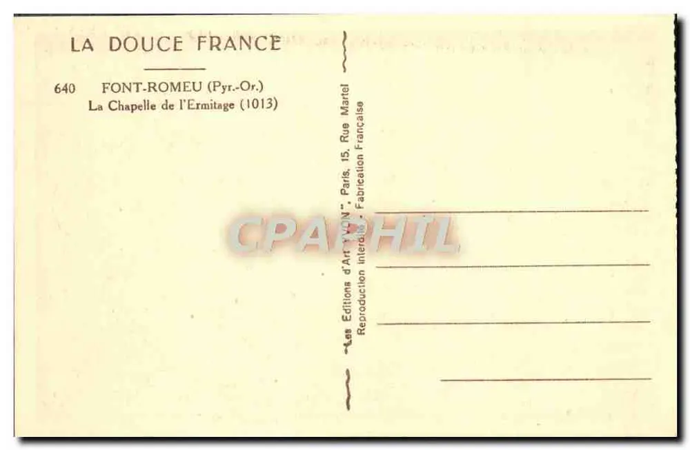 Font-Romeu — Capela do Ermitário — Éditions d'Art 'VON' Paris - Verso