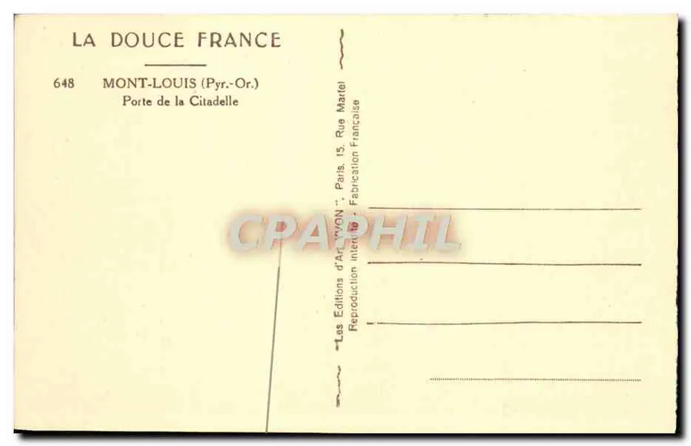 Mont-Louis (Pyr.-Or.) — Porta da Cidadela — Éditions d'Art 'VON', Paris - Verso
