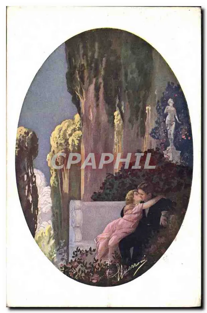 Un couple enlacé — scène romantique dans un jardin avec statue — éditeur H. Wurmann - Recto