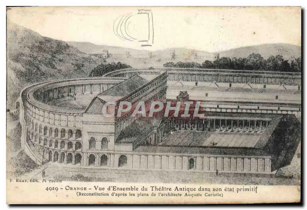 Orange - Allgemeiner Blick auf das antike Theater in seinem ursprünglichen Zustand — Rekonstruktion nach den Plänen des Architekten Auguste Caristie — F. Rebat, Verlag M. Tascille, Nr. 4929 - Vorderseite
