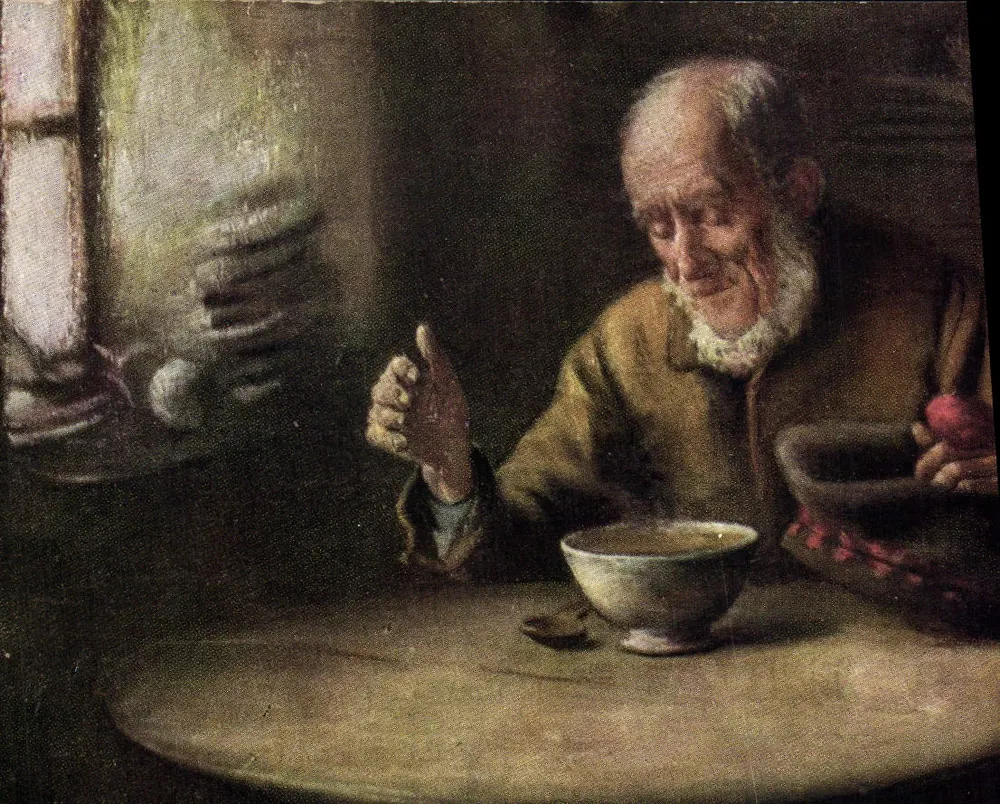 Ancien homme à la soupe — scène de table — Tuck's Postkarte, série II - Recto