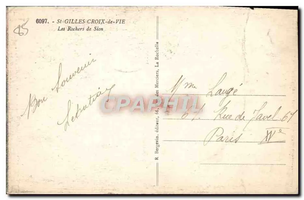 Die Felsen von Sion — Saint-Gilles-Croix-de-Vie — Verlag R. Bergévin, La Rochelle - Rückseite