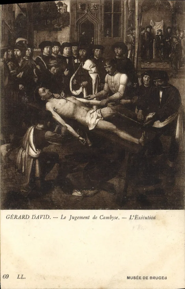 Gérard David — Das Gericht über Cambyses — Die Ausführung — Museum von Brügge - Vorderseite