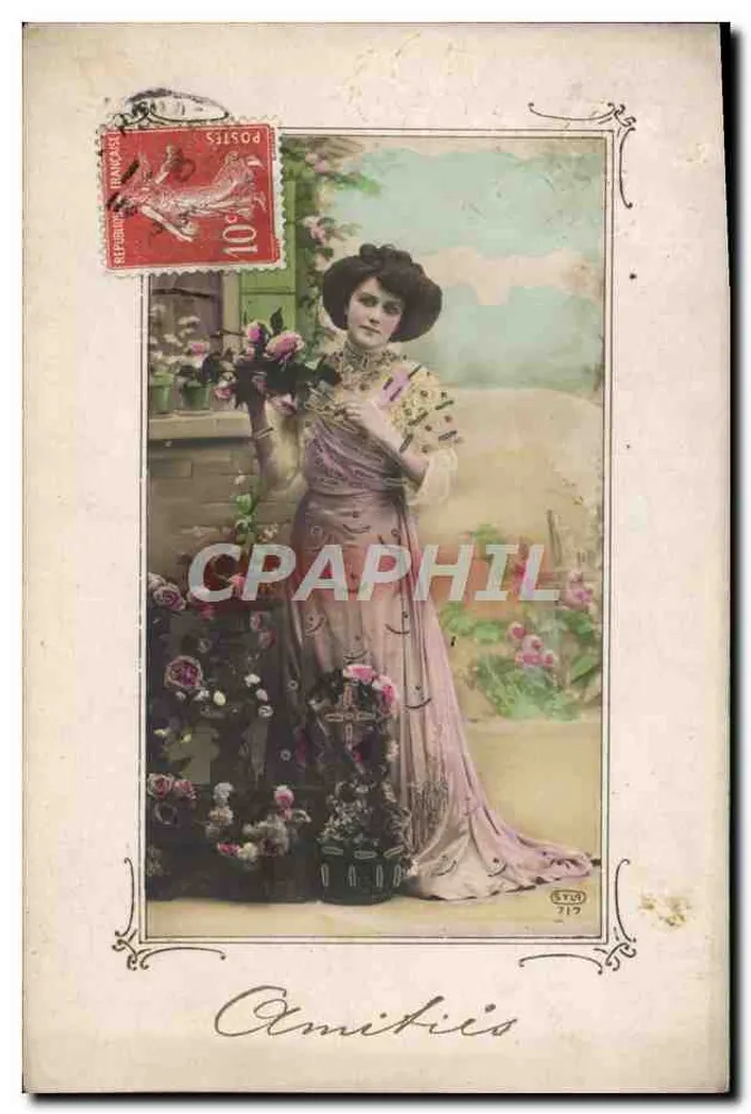Femme en robe rose — jardin fleuri — éditeur STU 717 - Vorderseite