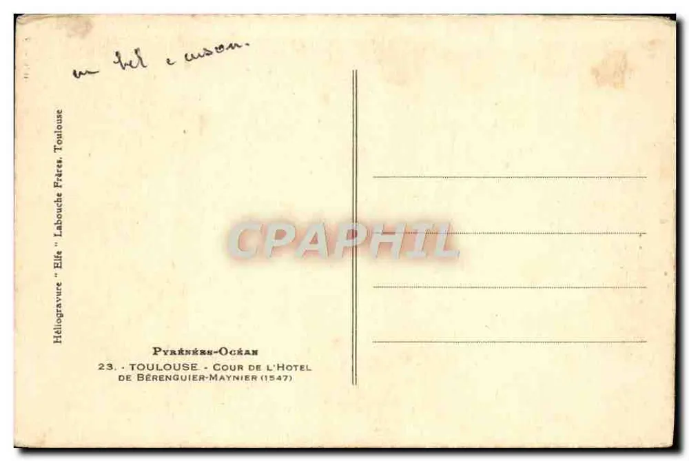 Cour de l'hôtel de Bérenguier-Maynier — éditeur Héliogravure 'Elite' Labouche Frères, n° 15 - Rückseite