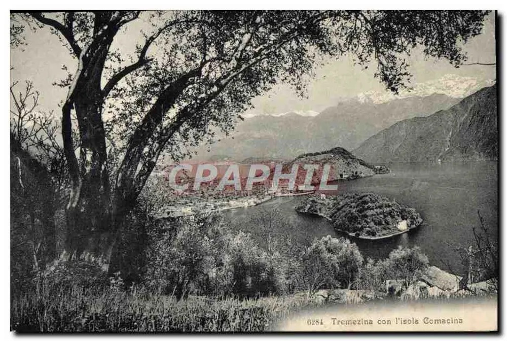 Tremezina com a ilha Comacina — vista lacustre — Gebr. Wehrli, Kilchberg, Zürich, n° 0294 - Frente