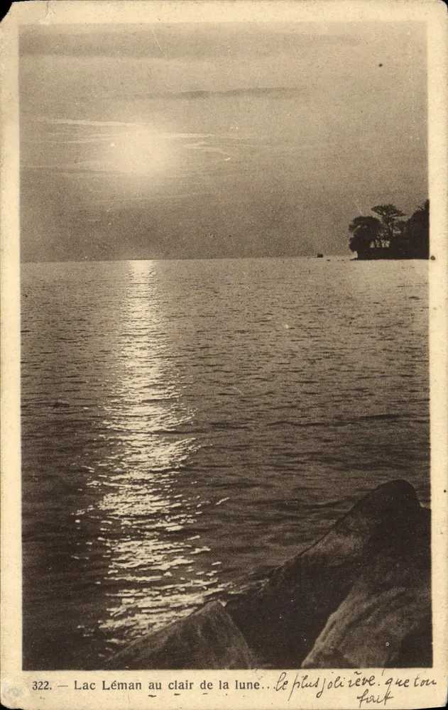 Lac Léman au clair de la lune — vue nocturne avec reflets sur l'eau — éditeur imprimeur non visible, n° 322 - Frente