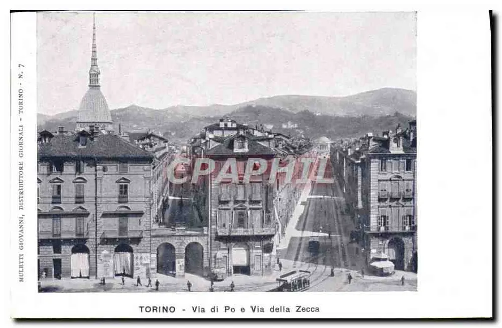 Torino - Via di Po e Via della Zecca — vista urbana com o Mole Antonelliana — editor Muletto Giovanni, série N. 7 - Frente