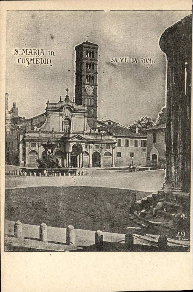 S. Maria in Cosmedin — église et fontaine de la Piazza della Rotonda — éditeur R. Anderson, n° 42 - Recto