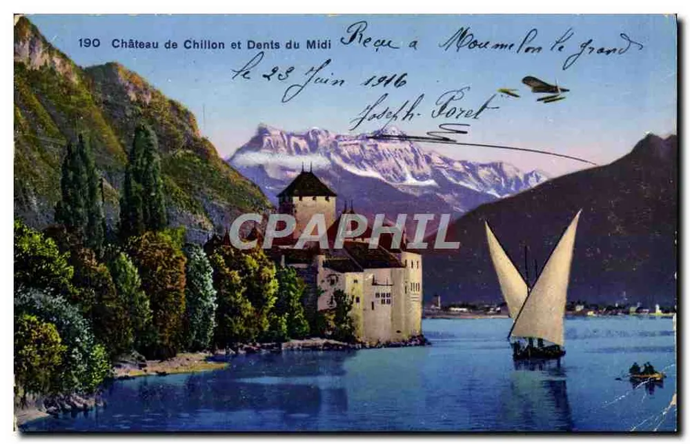 Castello di Chillon e Dents du Midi — vista lacustre con velo — editore Phototypie Caumont, n° 190 - Recto