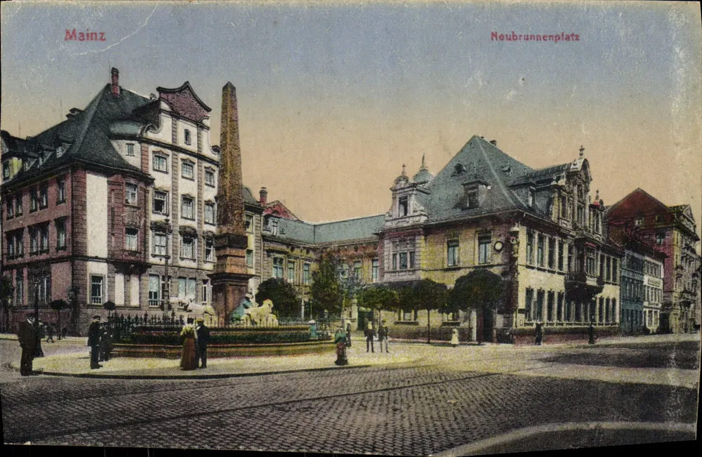 Mainz — Neubrunnenplatz mit Brunnen und Obelisk — unbekannter Verlag - Vorderseite