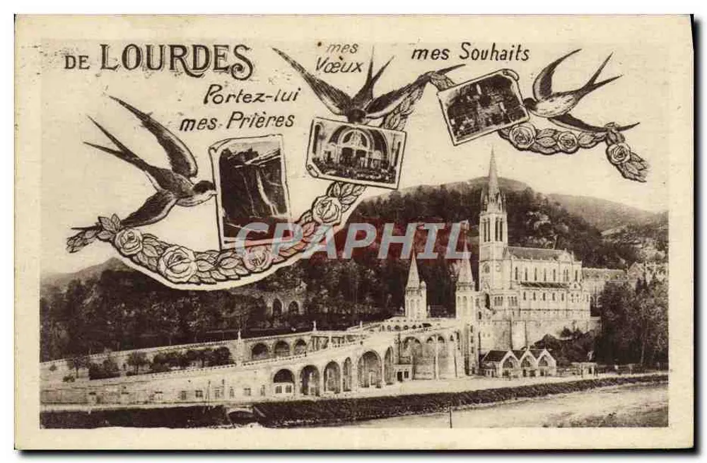 Lourdes — Ansicht der Basilika und des Brückens — Verlag Labouchou Frères - Vorderseite