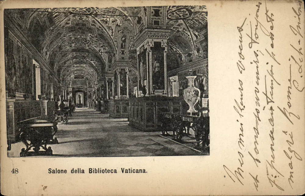 Salone della Biblioteca Vaticana — intérieur orné de fresques et de colonnes — éditeur Cartolina Postale Italiana, n° 48 - Anverso