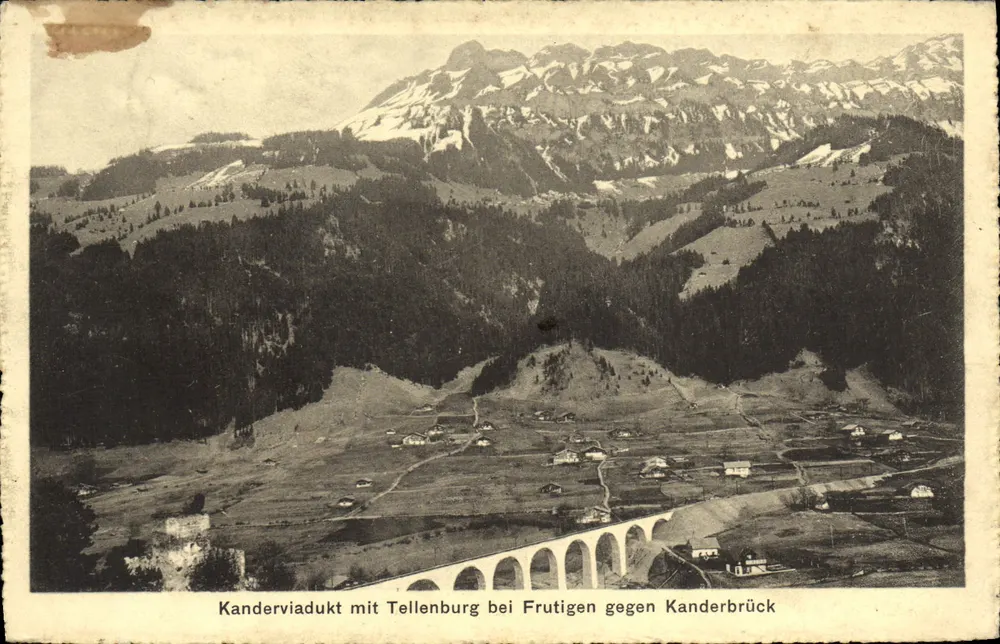 Kanderviadukt mit Tellenburg bei Frutigen gegen Kanderbrück — Ansichtskartenverlag A.-G. Bern Nr. 328 - Vorderseite