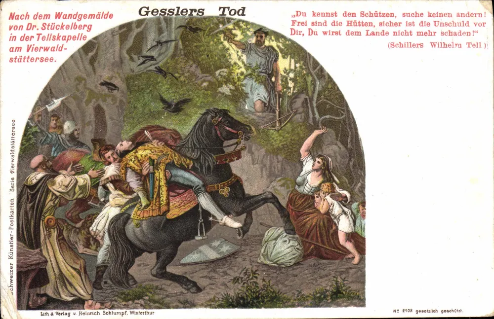 Gesslers Tod — nach dem Gemälde von Dr. Stückelberg am Vierwaldstättersee — Lith & Verlag v. Heinrich Schlumpf, Winterthur, Serie 2102 - Vorderseite