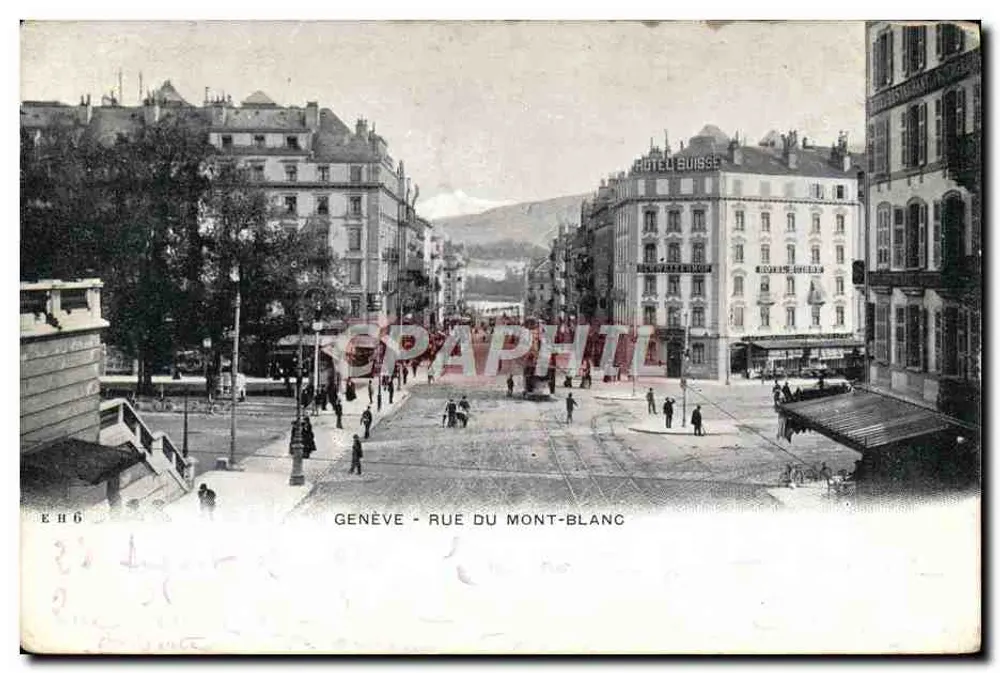 Genebra - Rue du Mont-Blanc — vista da praça com o Hotel Suisse — editor EHG - Frente
