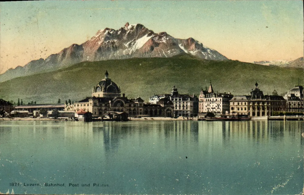 Lucerna — Estação de trem, correio e Pilatus — editor Wehrli A.-G., Kilchberg, Zurique - Frente