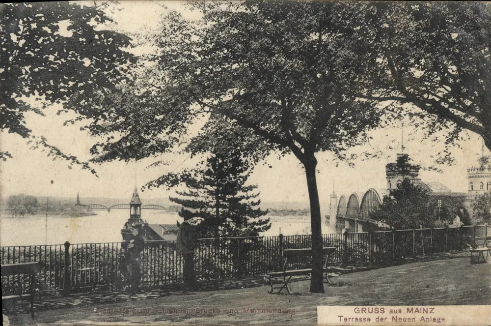 Terrasse der Neuen Anlage — vue du parc avec écluse et barrage — éditeur : Knapar Sudes, Mainz - Vorderseite