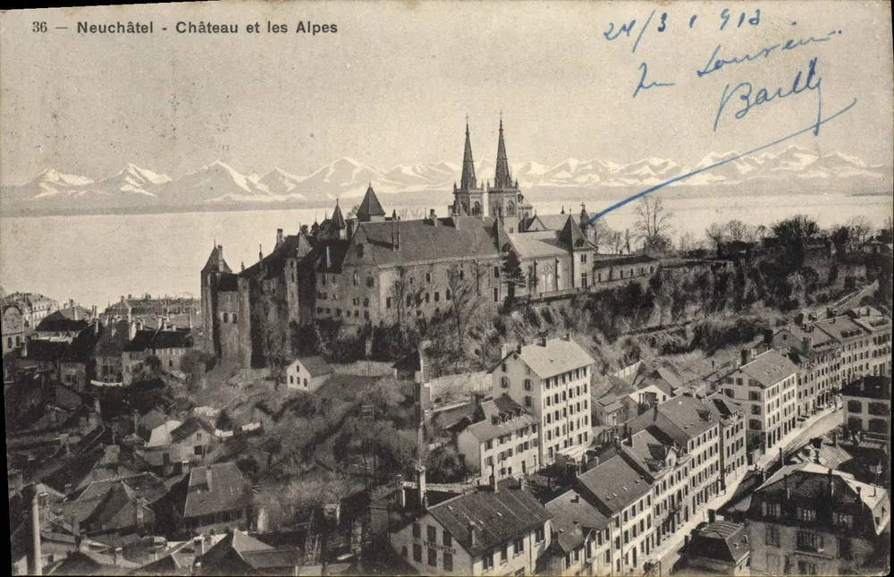 Neuchâtel - Castillo y las Alpes — Fototipia Co. Neuchâtel, n°36 - Anverso