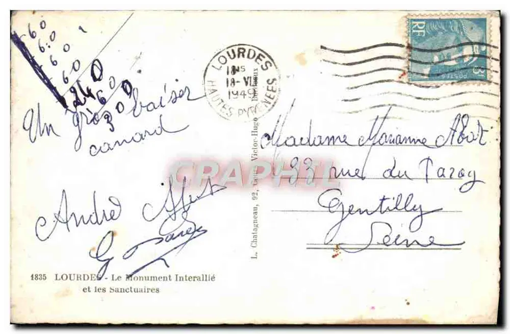 Lourdes — O Monumento Interallié e os Santuários — Editor Elée, n° 1835 - Verso