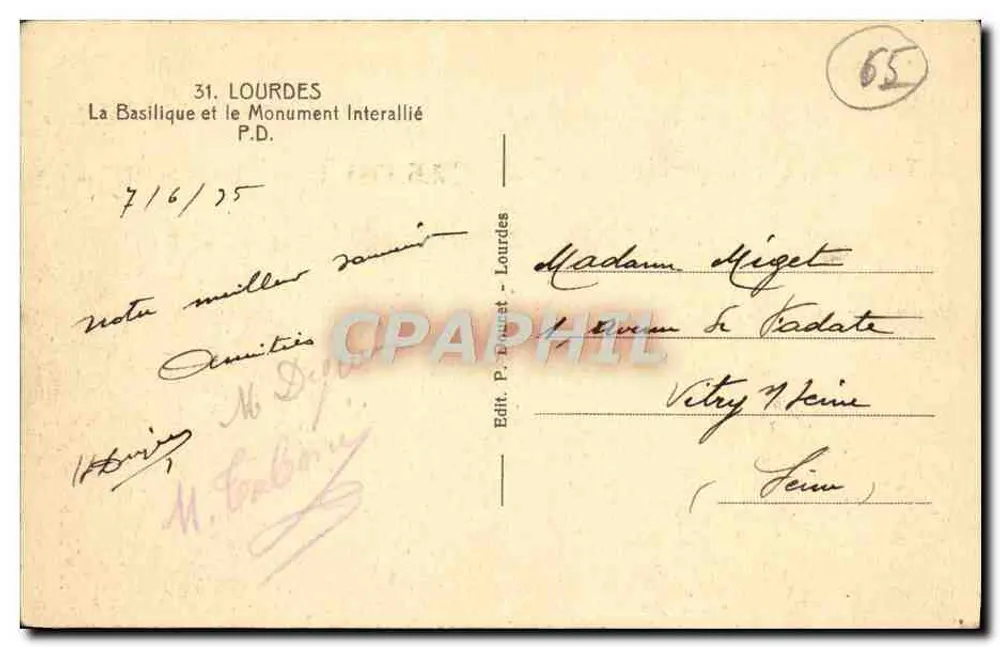 Lourdes — Die Basilika und das Interalliierte Denkmal — Verlag P. Dourat - Rückseite