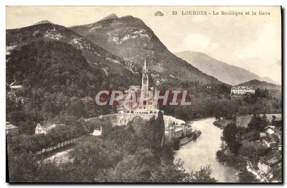 Lourdes - A Basílica e o Gave — Bilhete postal antigo n°23, editor Alexandre Léonard des Arts Photographiques, Strasbourg - Frente