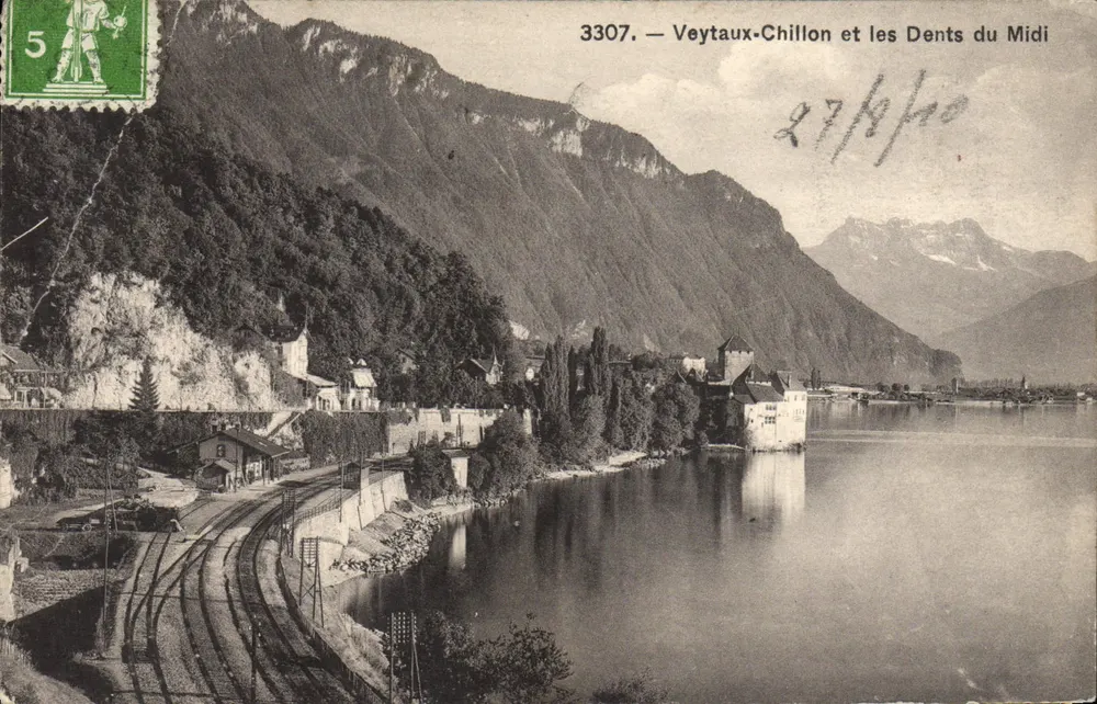 Veytaux-Chillon et les Dents du Midi — vue du lac avec chemin de fer et château — éditeur Phototypie Co., Neuchâtel, n° 3307 - Frente