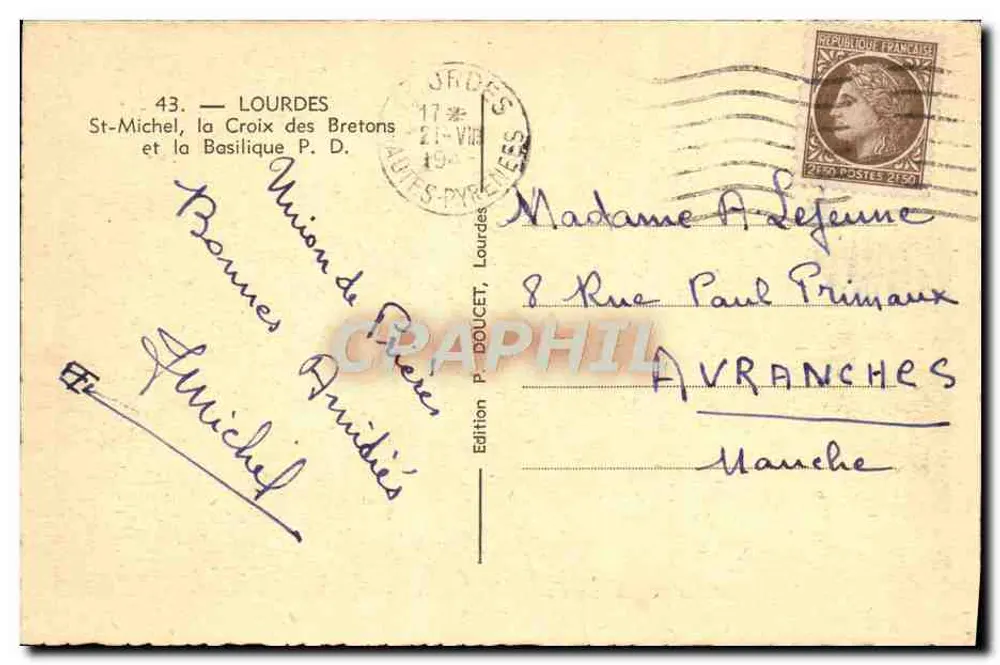 Lourdes — St-Michel, die Kreuz der Bretonen und die Basilika — Ausgabe P. DOUCET, n°43 - Rückseite