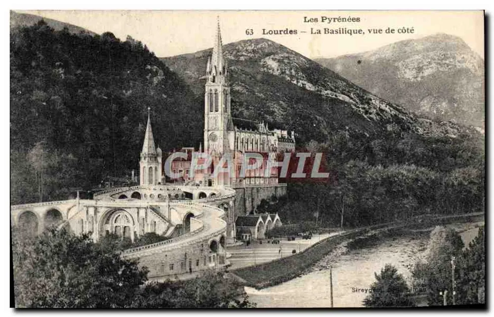 Lourdes — La Basilica, vista laterale — Sirey (editore) n°63 - Recto