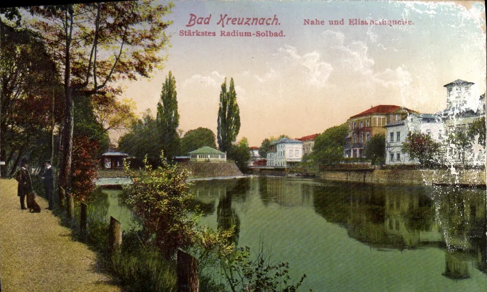 Bad Kreuznach — Nahe und Elisabethquelle — Stärkstes Radium-Solbad. — Kunstverlag Friedrich Simon, Bad Kreuznach. - Vorderseite
