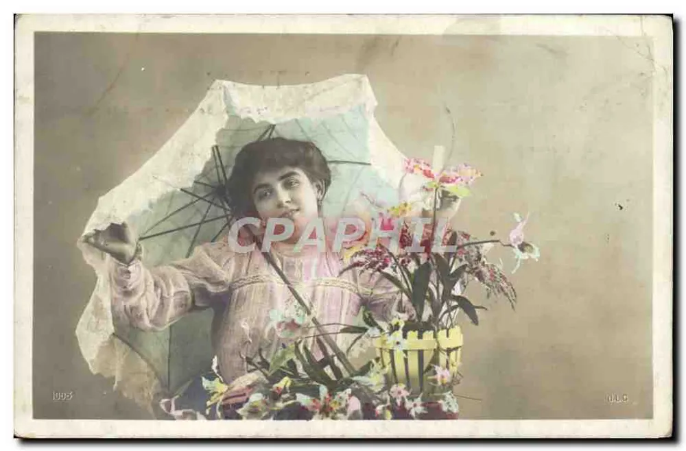 Junge Frau mit Schirm und Blumenstrauß — Verlag J.L.D. — n° 1093 - Vorderseite
