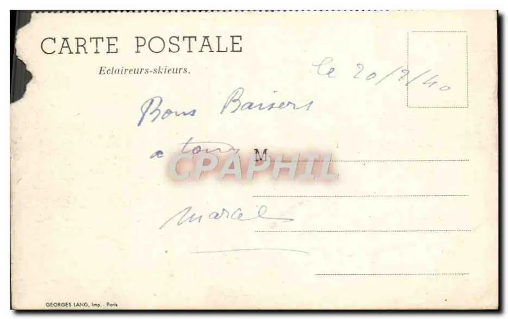 Soldats skieurs — scène de montagne — Georges Lang, Imp. - Paris - Verso