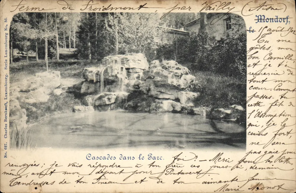 Wodospady w parku — Farma Stroïdment, Vaïlly (S.Aisne) — Charles Bernheeft, seria Luxembourgeois, nr 637 - Awers
