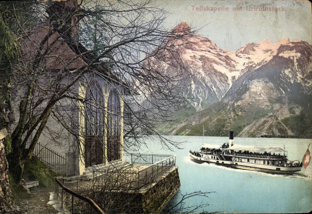 Tellskapelle mit Urirothstock — Seenansicht mit Dampfschiff — unbekannter Verleger - Vorderseite