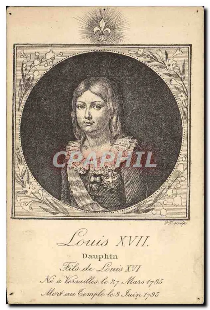 Louis XVII — Dauphin — gerahmte Gravur mit Lilie — Verleger F. P. Coulph - Vorderseite