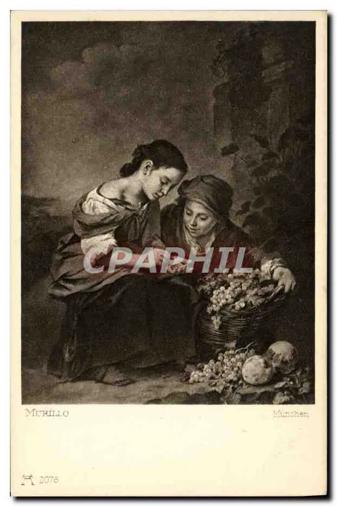Duas mulheres com um cesto de uvas — obra de Murillo — edição Ackermann & Kunstverlag, série 205 - Frente