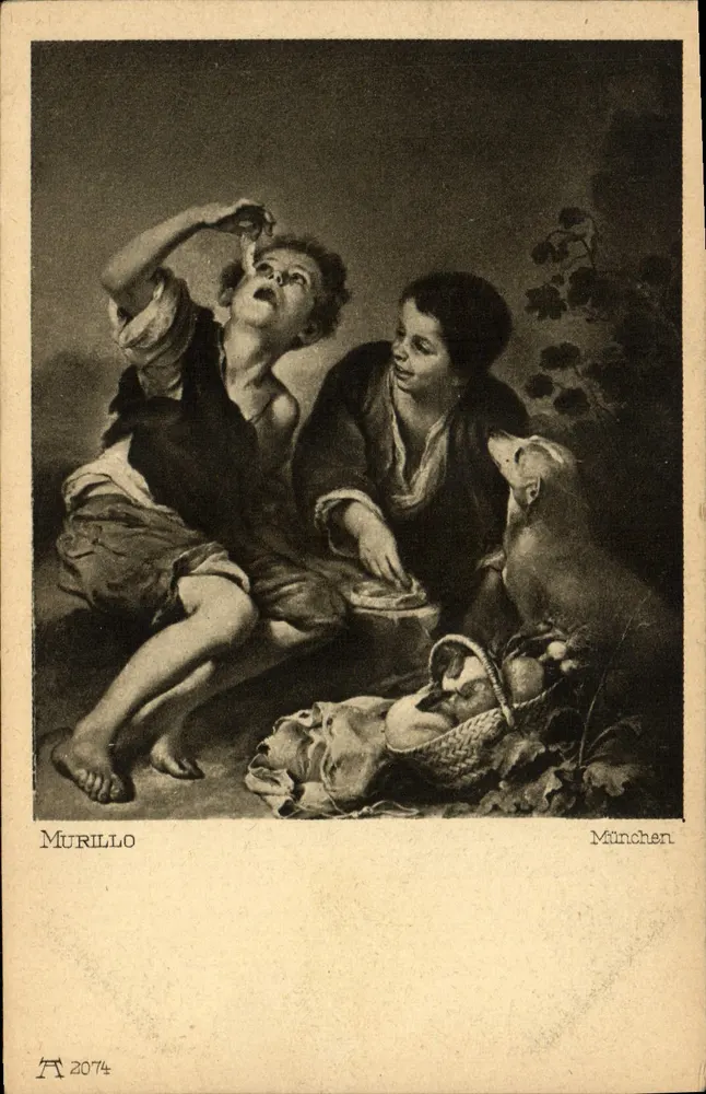 Murillo — Dwie dzieciaki zjedząc pastę — F.A. Ackermann's Kunstverlag, München, seria 205, n° 2074 - Awers