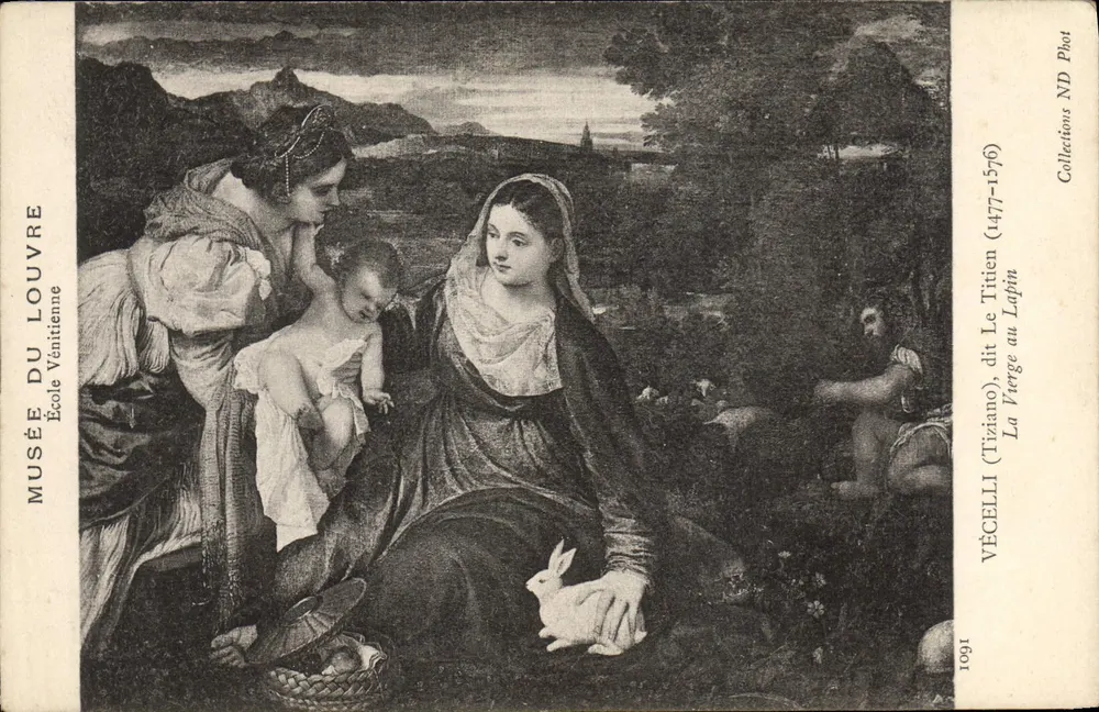 Die Jungfrau mit dem Kaninchen — Venetianische Schule — Véceli (Tiziano) genannt Titian (1477–1576) — Musée du Louvre — Collections ND Phot — Nr. 1091 - Vorderseite